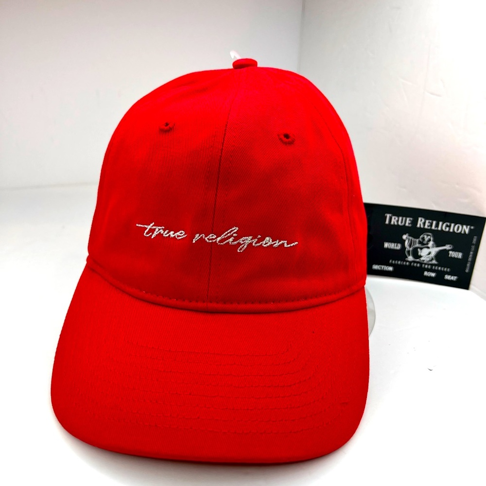 TRUE RELIGION UNISEX CAP/HAT, RED COLOR, SCRIPT LOGO IN SILVER,ADJUSTABLE BACK …